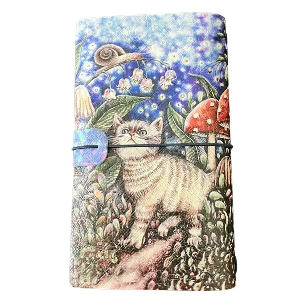 Cat, Florals Mushrooms & Snail Faux Leather Reusable Travelers Notebook 8x4.5”
